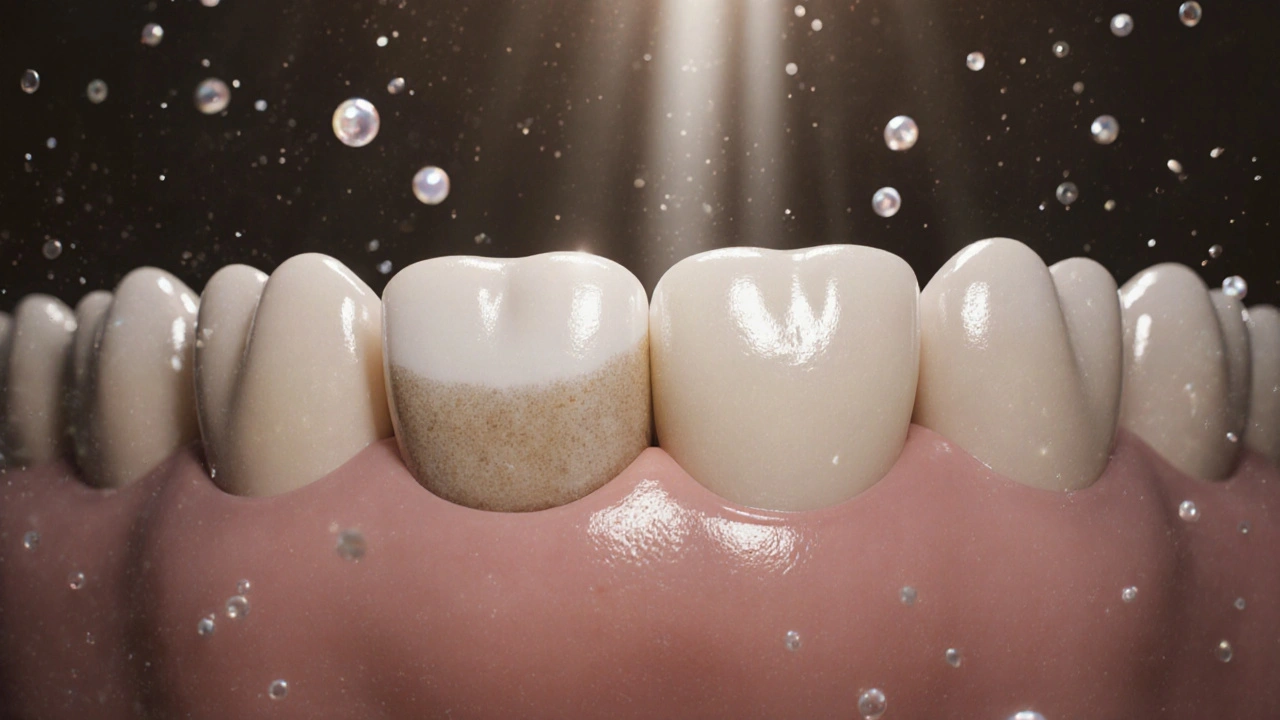 Tenká vrstva keramiky přilepená na zub, světlo prochází stejně jako přes přirozený email.