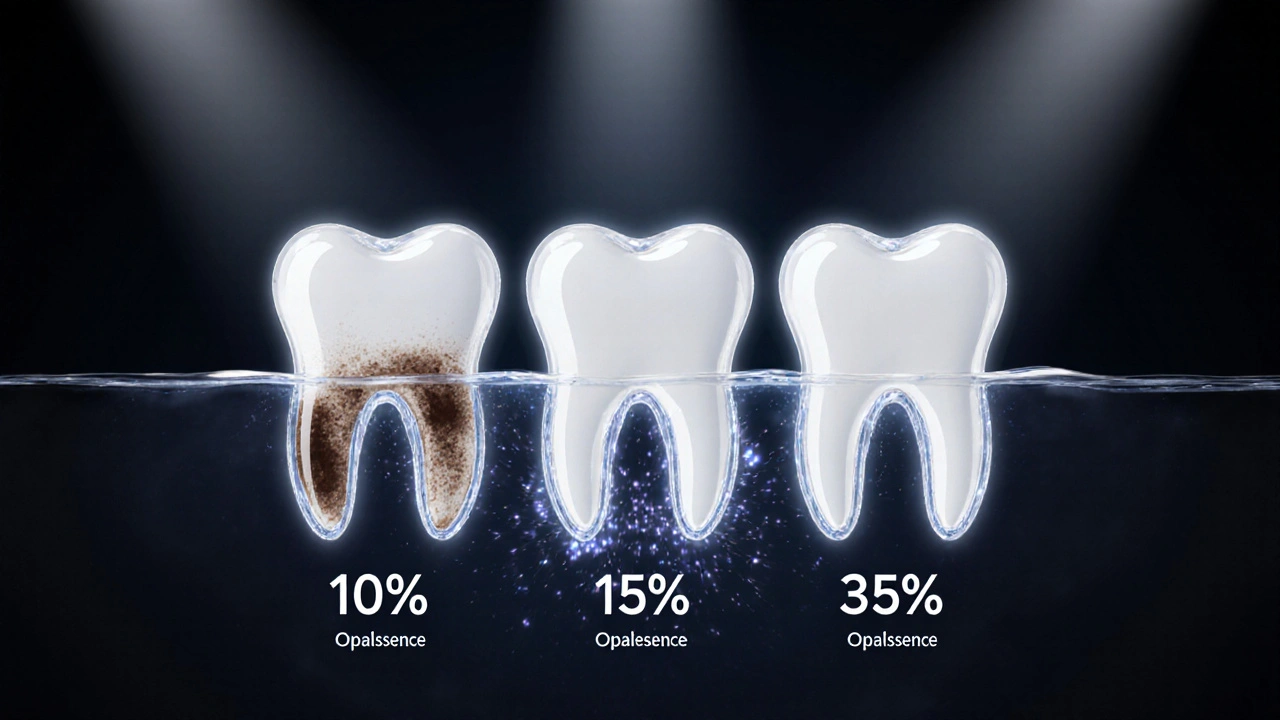 Tři zuby s různými koncentracemi bělícího gelu a pronikajícími molekulami peroxidu.