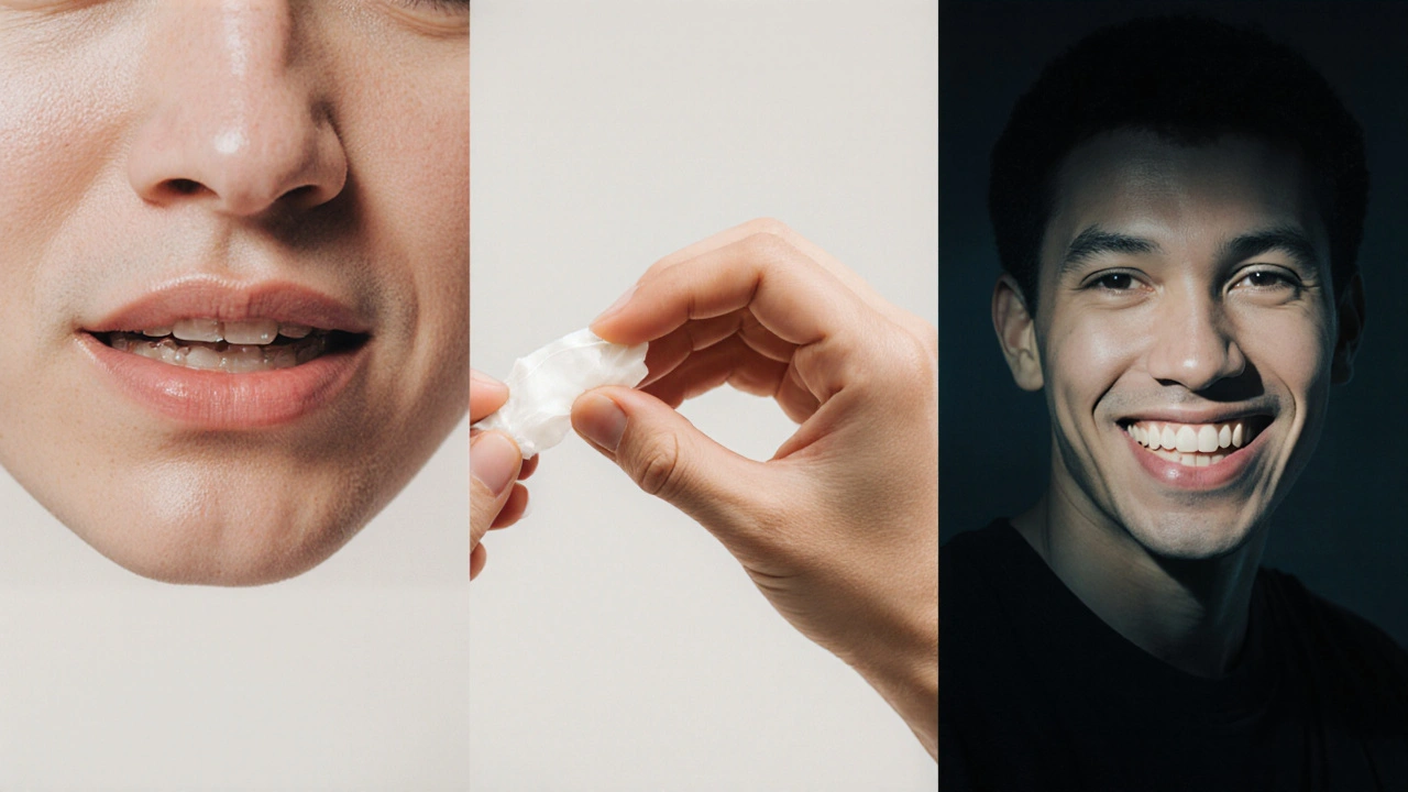 Trojice scén ukazující přechod od bolesti k přizpůsobení s keramickými rovnátky během prvního týdne.