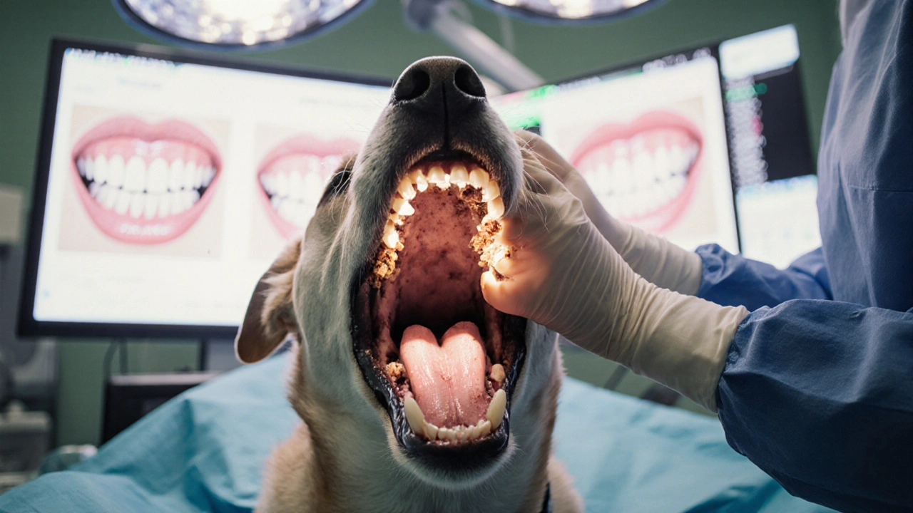 Veterinář vyšetřuje psa pod anestézií, viditelný zubní kámen a zánět dásní.