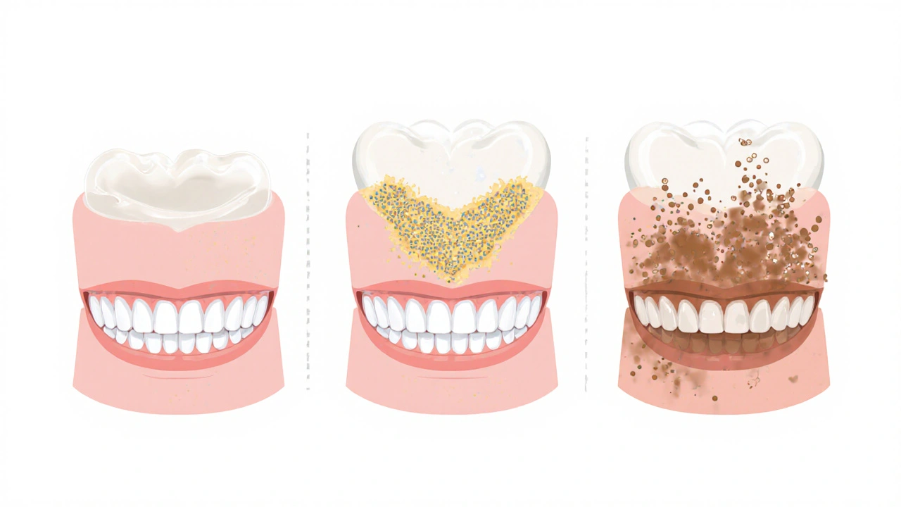 Vývoj zubního kamene: od měkkého plaku přes žlutý nános až k tvrdému hnědému kameni na spodních řezácích zubech.