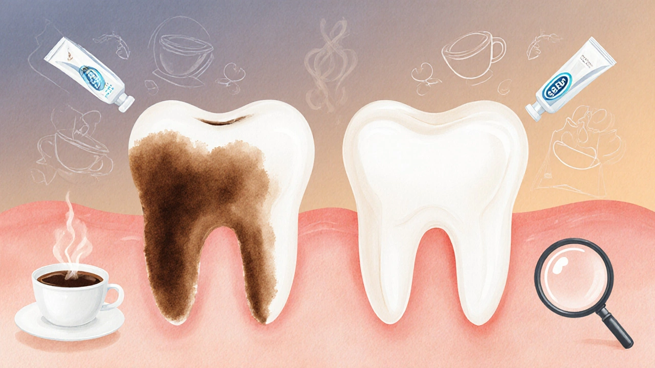 Watercolor illustration comparing stained natural tooth with white porcelain crown.