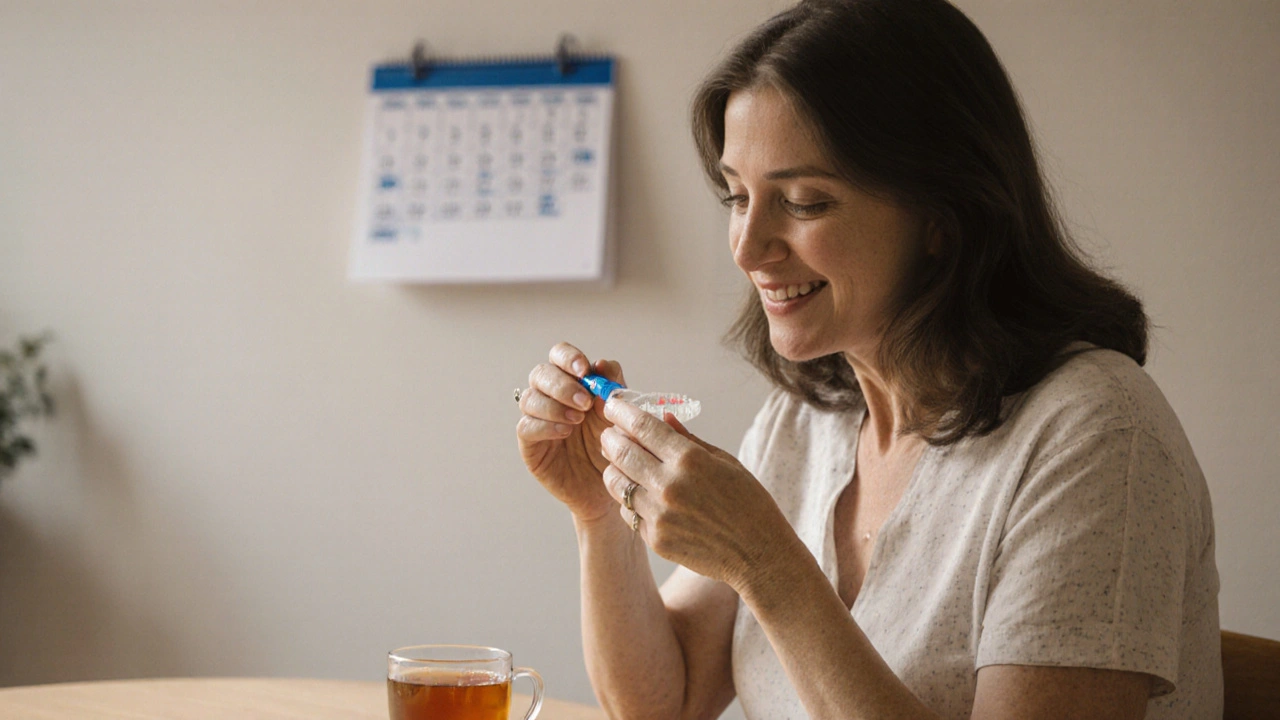 Žena aplikuje gel Opalescence do zubních šablon u kuchyňského stolu s šálkem čaje.