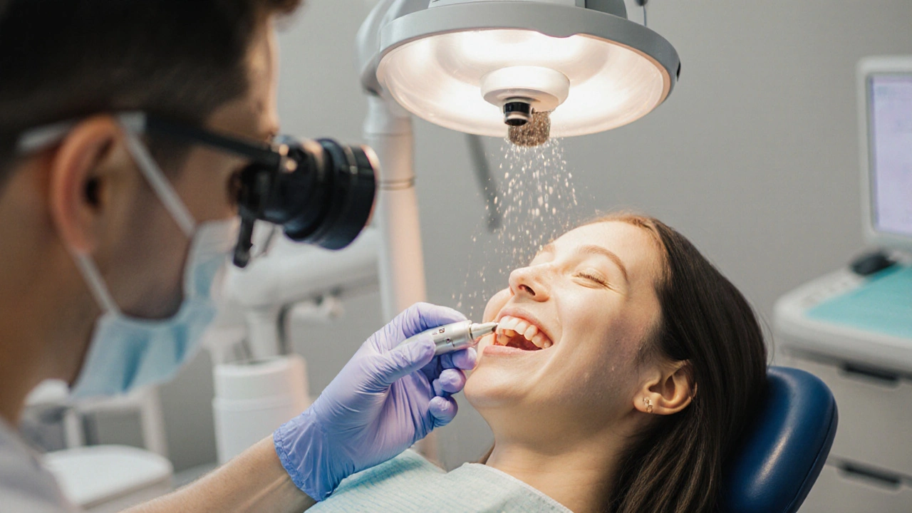 Zubní lékař odstraňuje kámen pomocí ultrazvukového přístroje