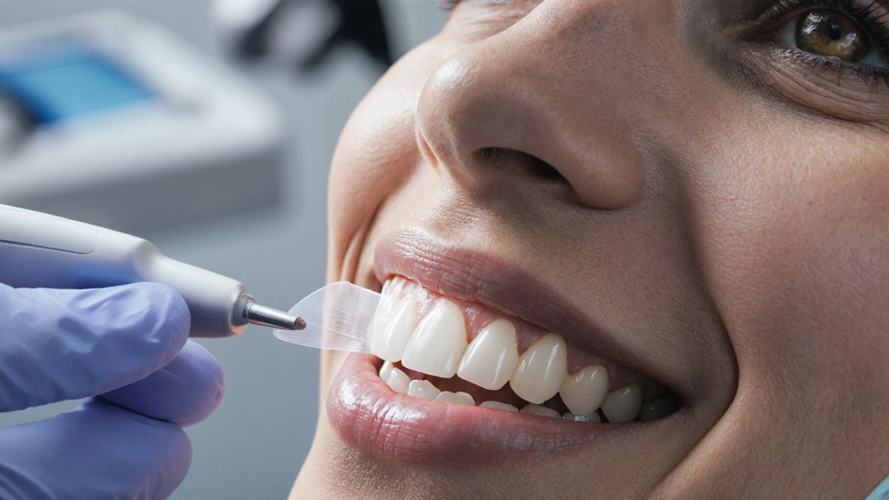 Zubní lékař připevňuje tenkou keramickou vrstvu na přední zub.