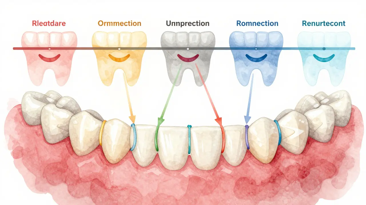 Barvité gumičky napínají horní a dolní zuby s orientačními šipkami.