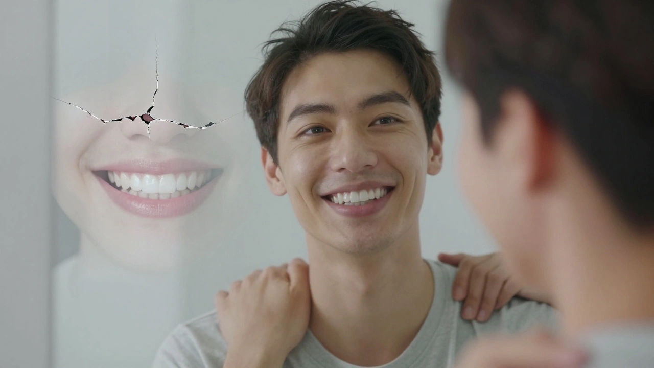 Člověk se usmívá do zrcadla s novými zuby, zatímco za ním jemně přechází obraz před a po léčbě.