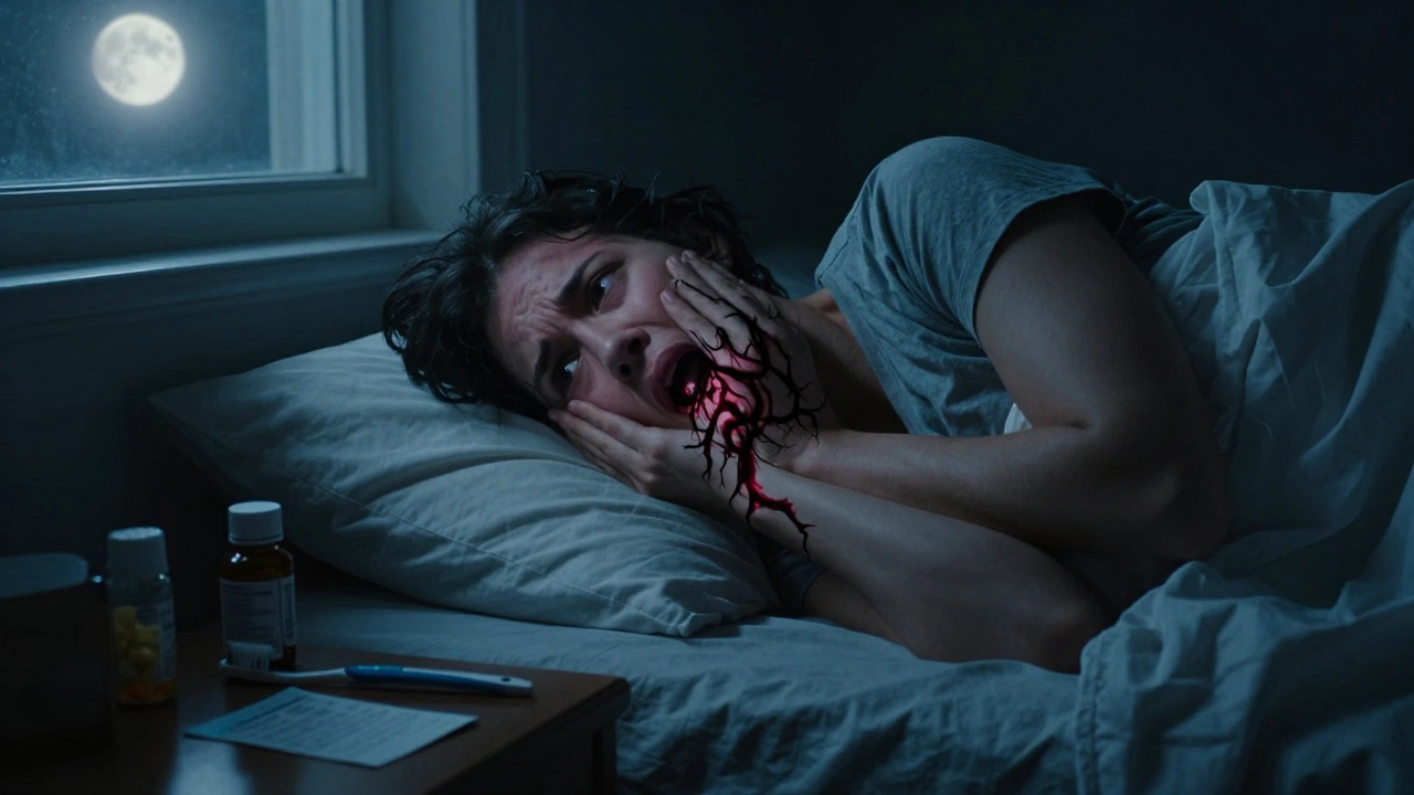 Člověk v noci trpí bolestí zubu, zatímco infekce proniká do čelisti.
