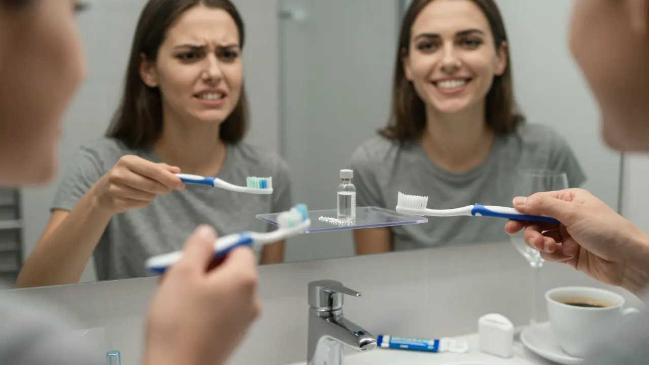 Člověk v zrcadle s dvěma verzemi úsměvu – tmavými a bělými zuby, symbolizující výsledek výběru.