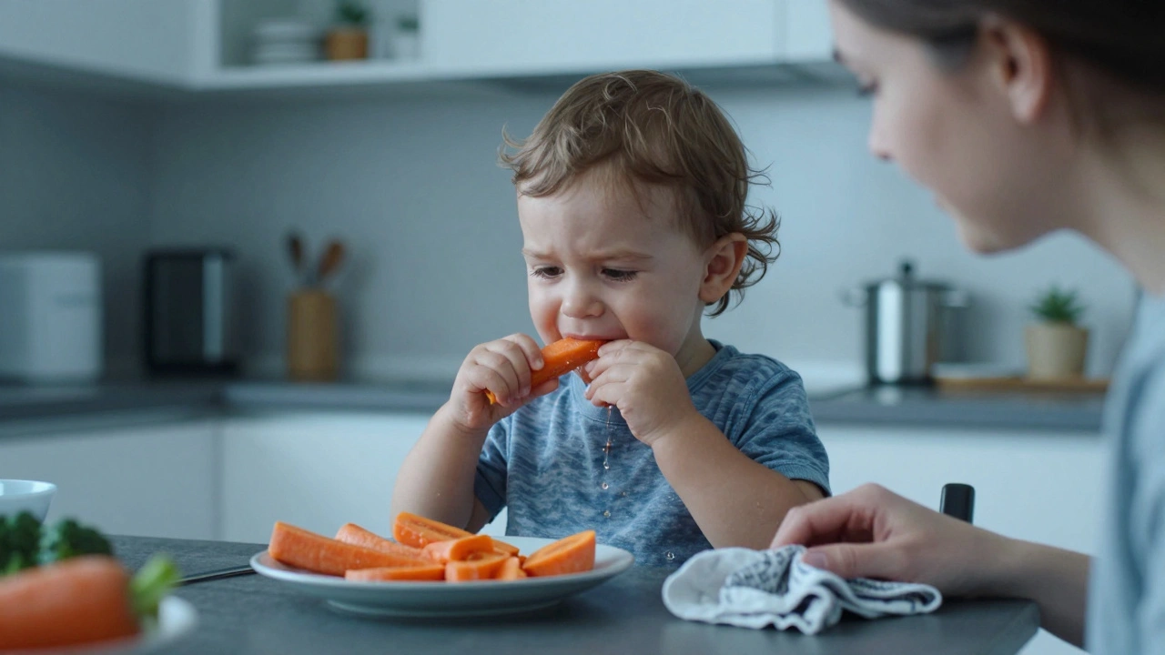 Dítě hryže chladnou mrkev pod dohledem rodiče, čistý kuchyňský prostor.