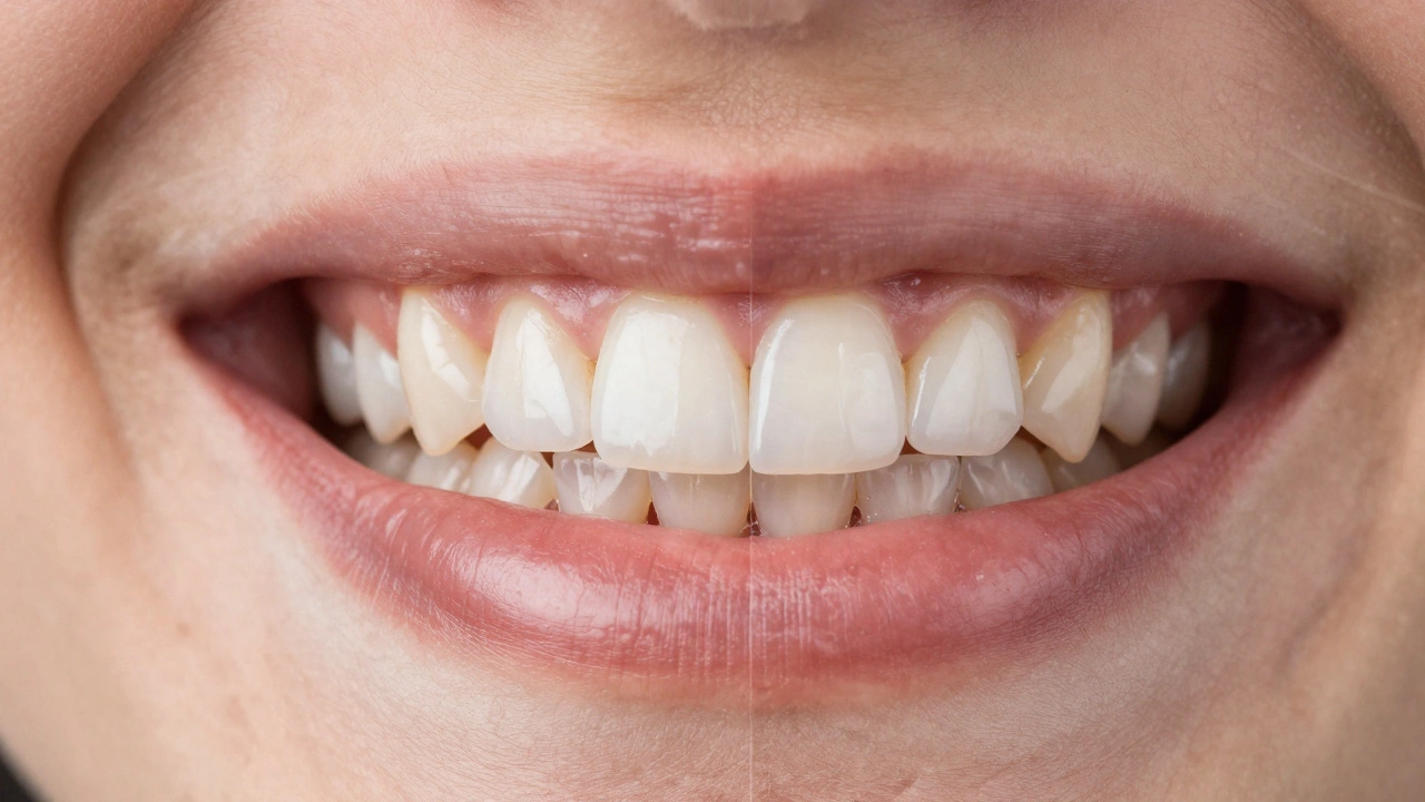 Dva protistojící úsměvy: přirozený s kvalitními veneery a umělý s neúspěšnými nálepy.