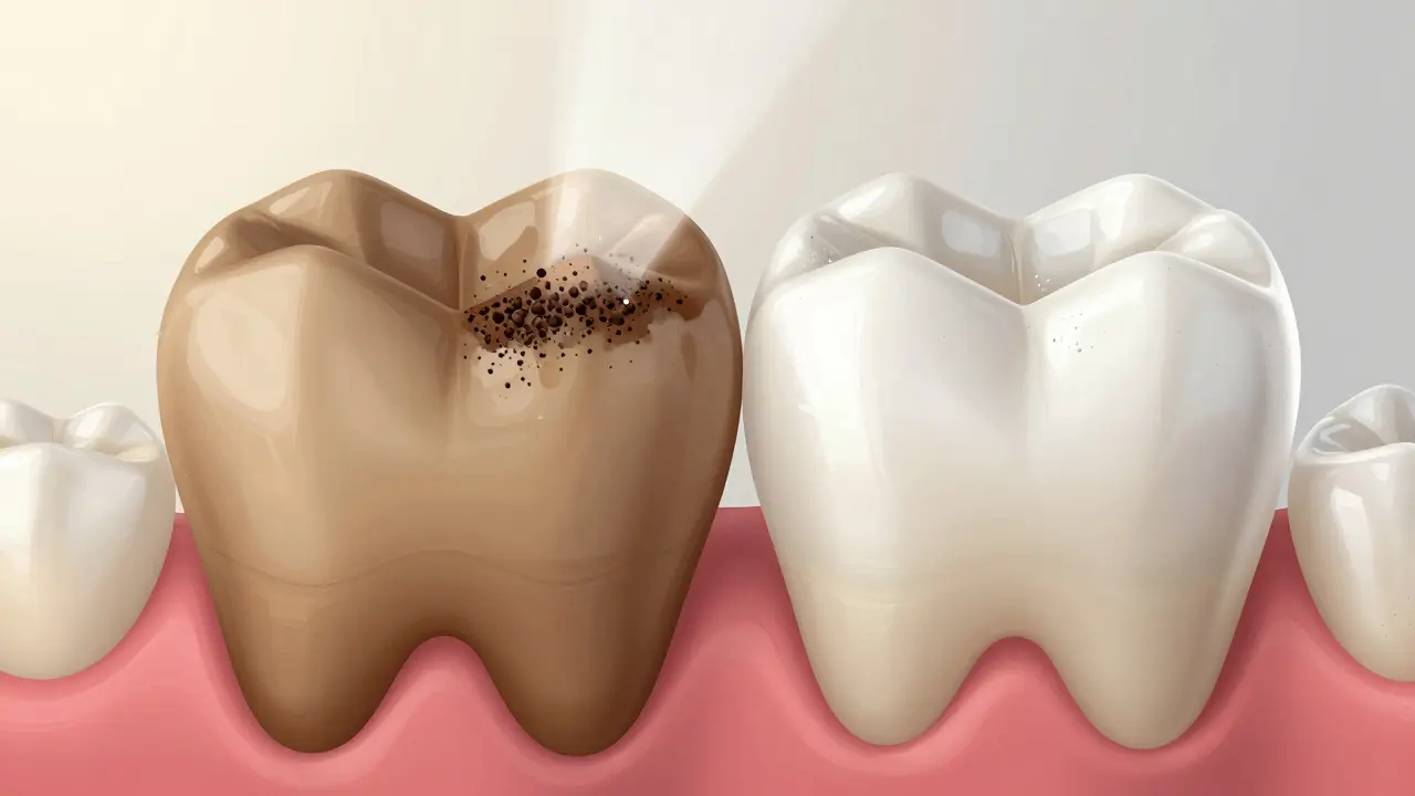 Dva zuby vedle sebe: jeden tmavý a poškozený, druhý jasný s obnovenou sklovinou.