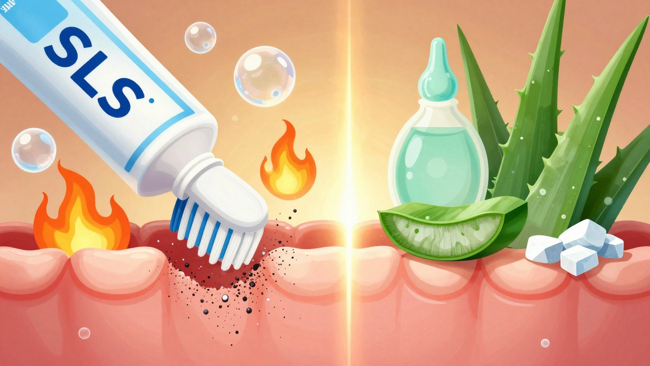 Dvě části obrázku: jedna ukazuje škodlivé látky poškozující dásně, druhá léčivé složky je hojící.