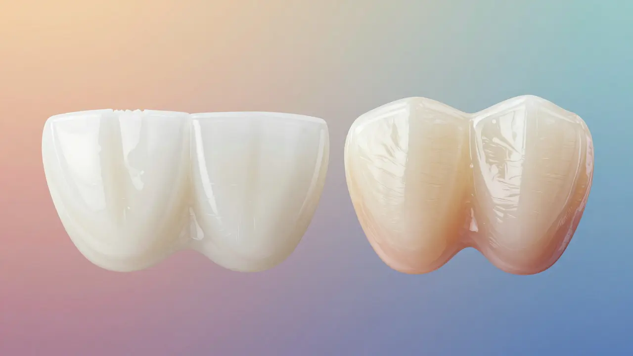 Dvě keramické fazety: jedna uměle bílá a ne přirozená, druhá přirozeně vypadající s přechodnými odstíny.