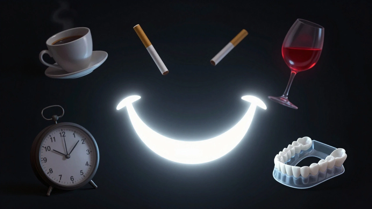 Glowing white smile with fading stains and symbols of long-lasting results.