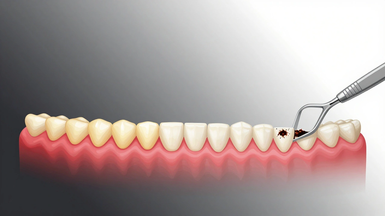 Ilustrace vývoje úst po přestání kouřit během 12 měsíců s dentálním nástrojem.