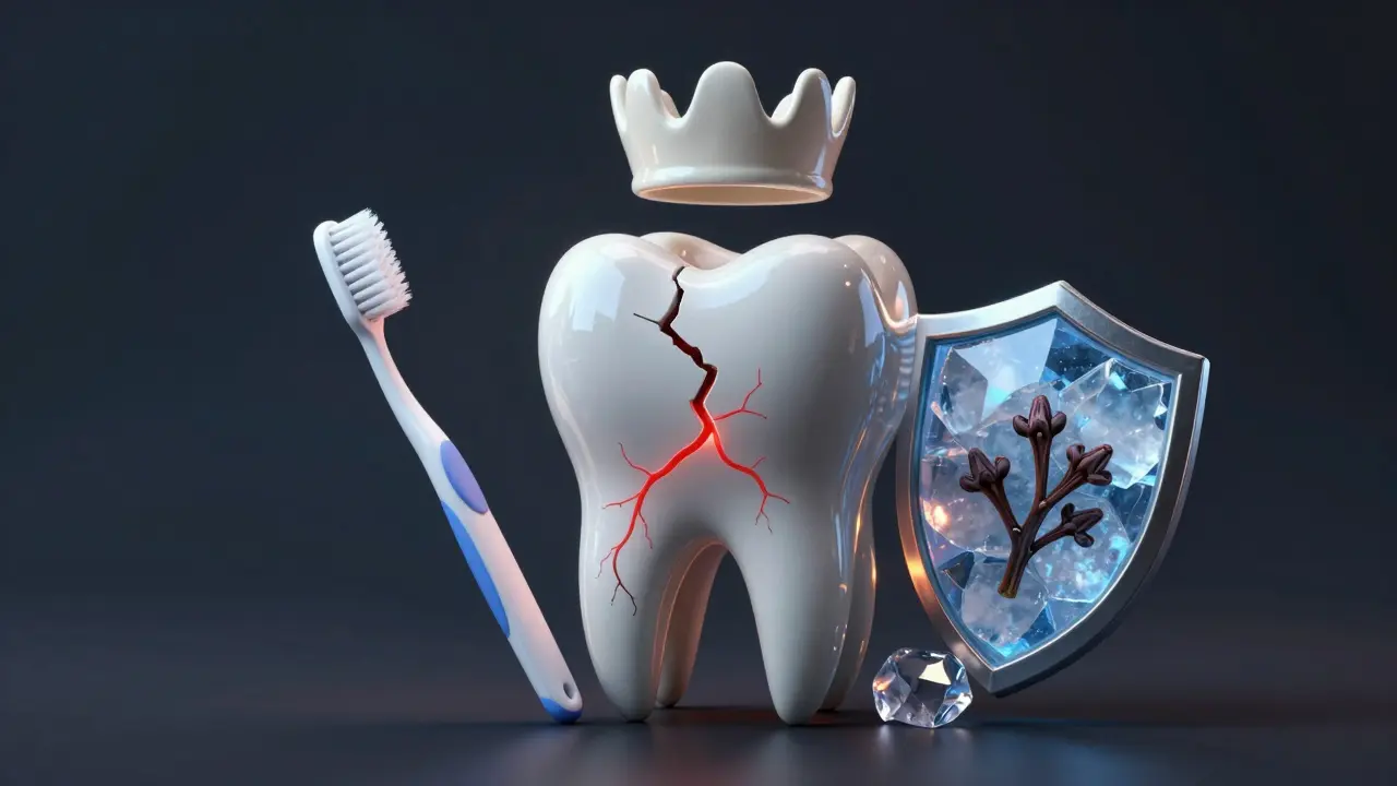 Konceptuální obrázek prasklého zubu s ochrannými prvky: korunka, fluor a přírodní prostředky.