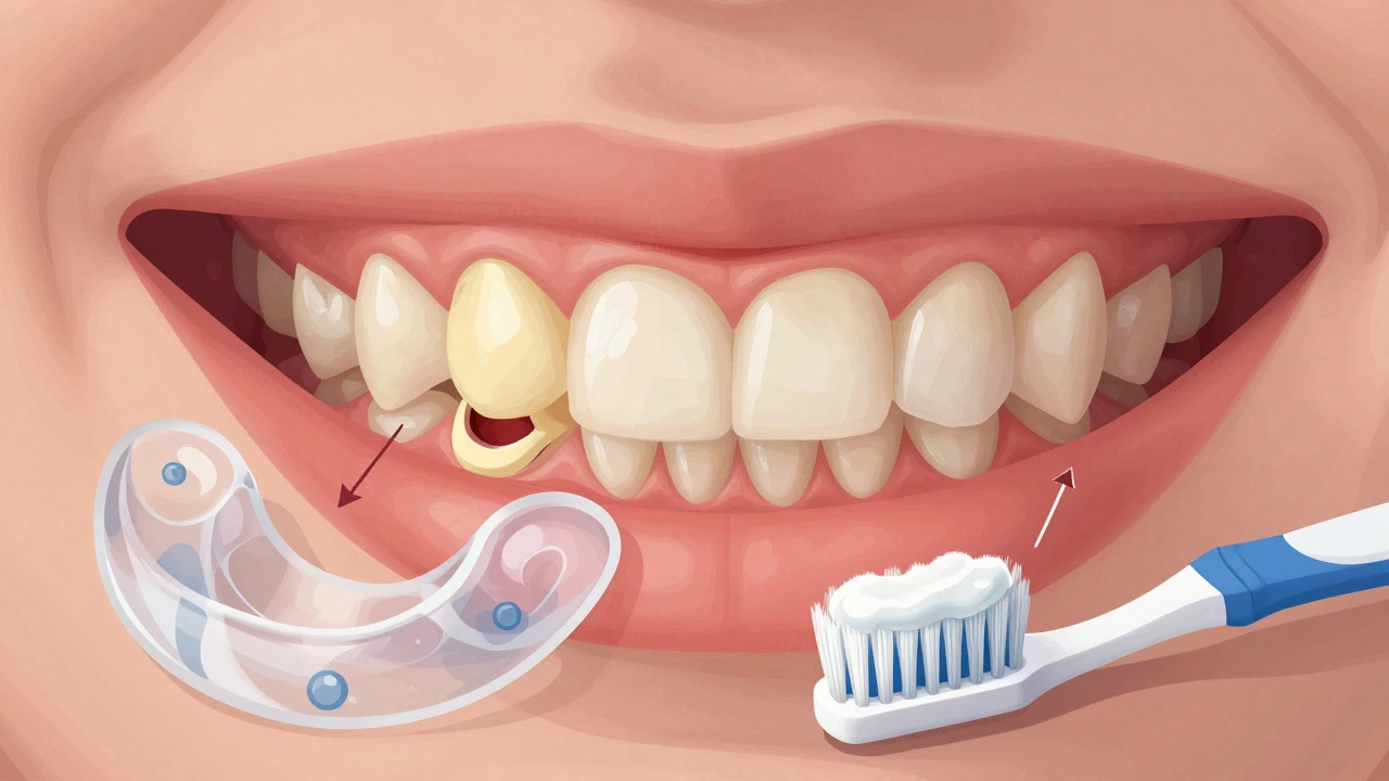 Křížový řez úst s viditelnými problémy zubů a ochrannou pastou.