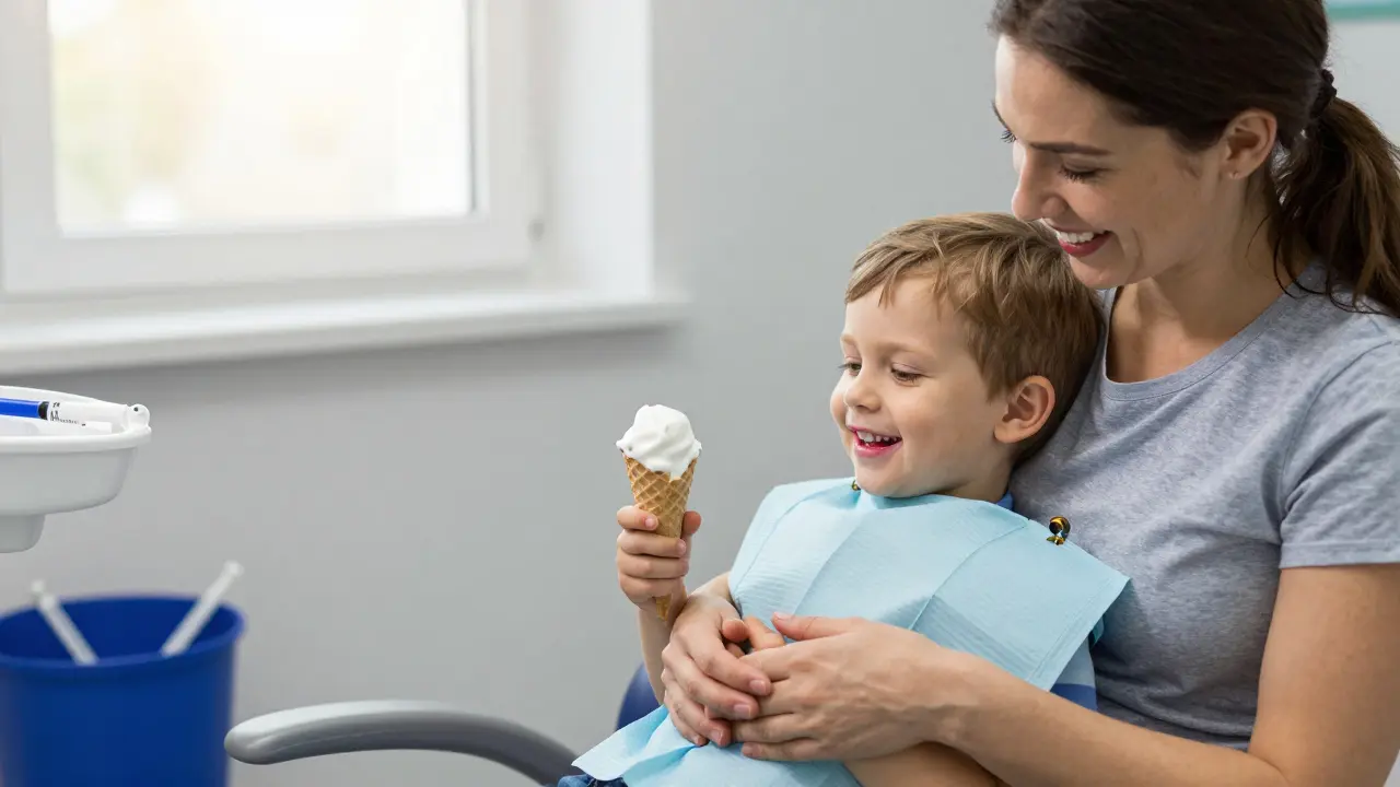 Matka a dítě po zubní léčbě, dítě s necitlivými rty a zmrzlinou.