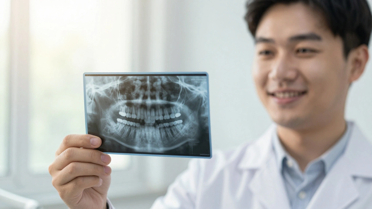 Osoba s rentgenovým snímkem zubu, který ukazuje úspěšné hojení kosti po ošetření.