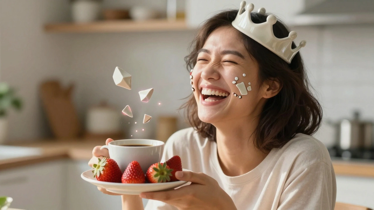 Osoba se směje v kuchyni, drží jahody a černý čaj, její zuby září přirozenou keramikou.