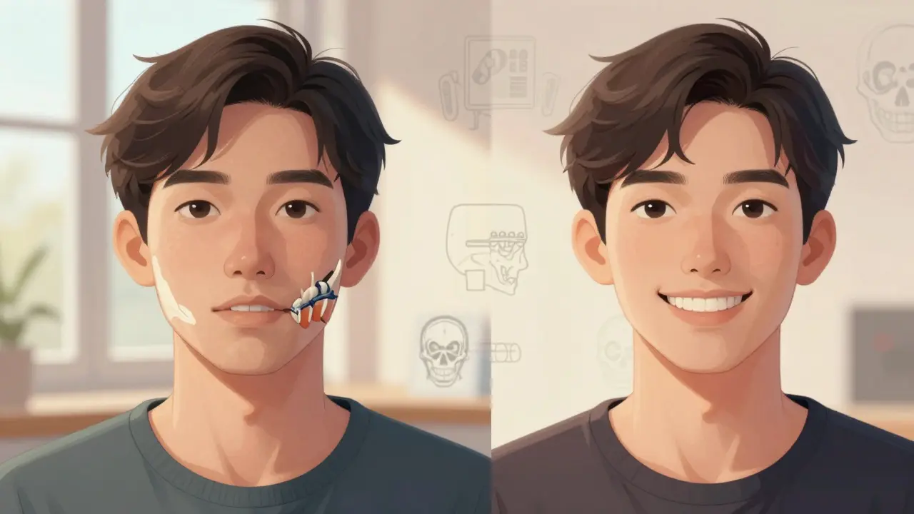 Pacient před a po maxilofaciální chirurgii: porovnání asymetrické tváře s vyrovnaným vzhledem.