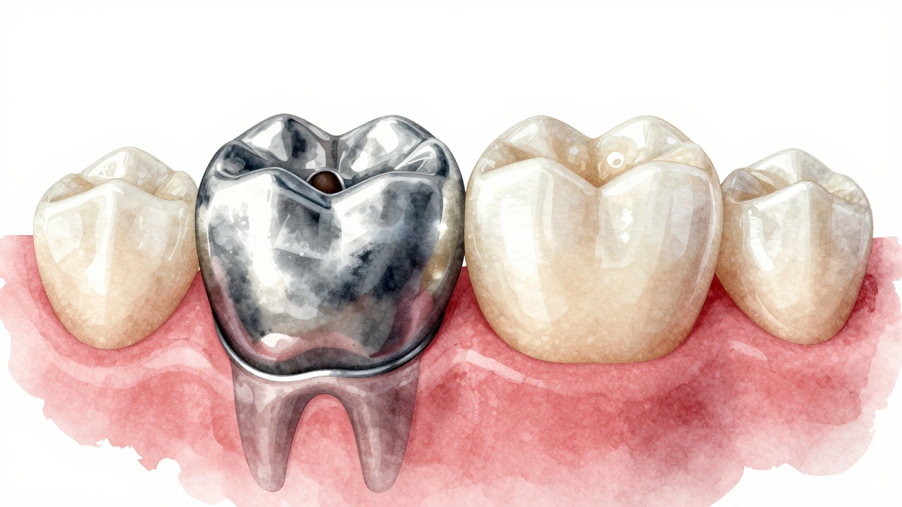 Porovnání poškozeného zubu s kovovým jádrem a přirozeně vypadající keramickou korunkou.