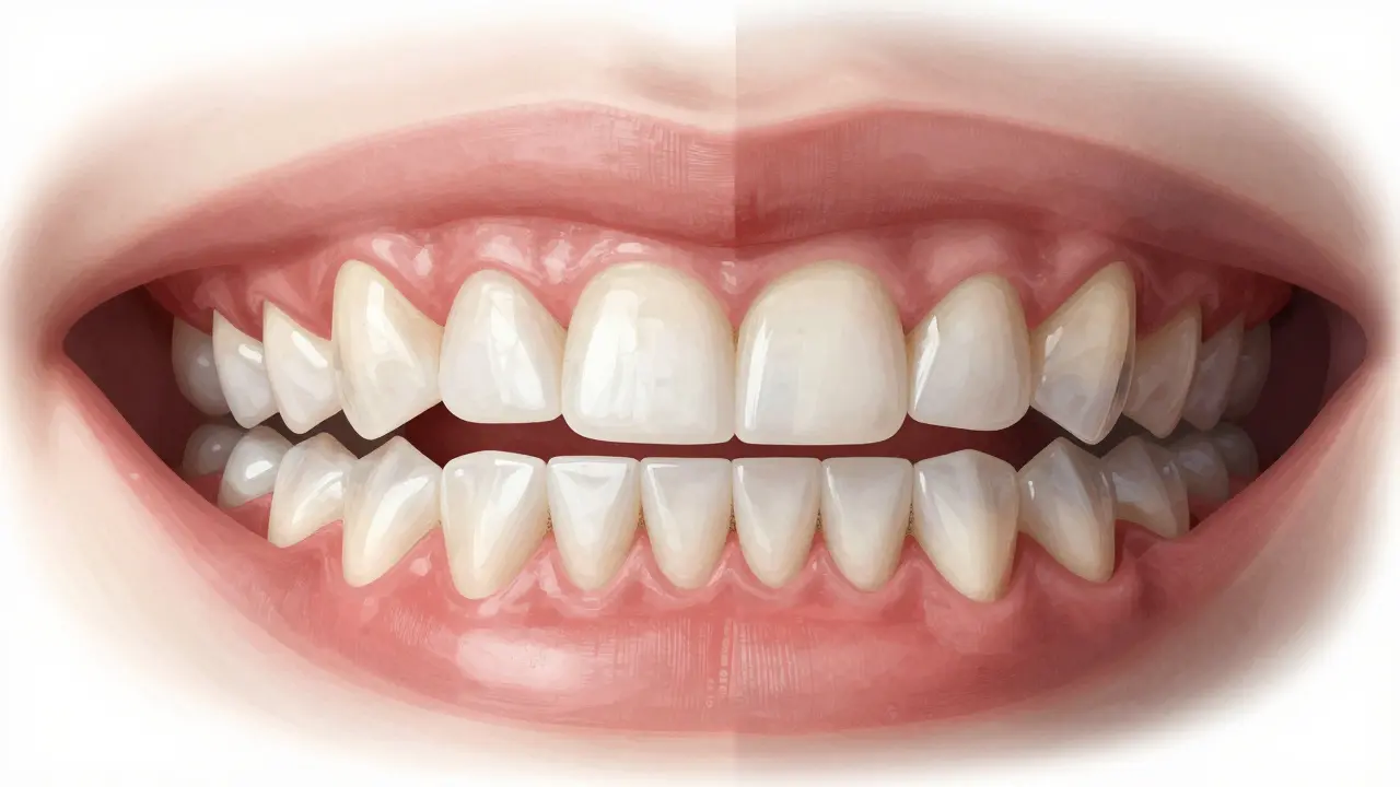 Porovnání zdravých a poškozených zubů po nesprávném bělení.