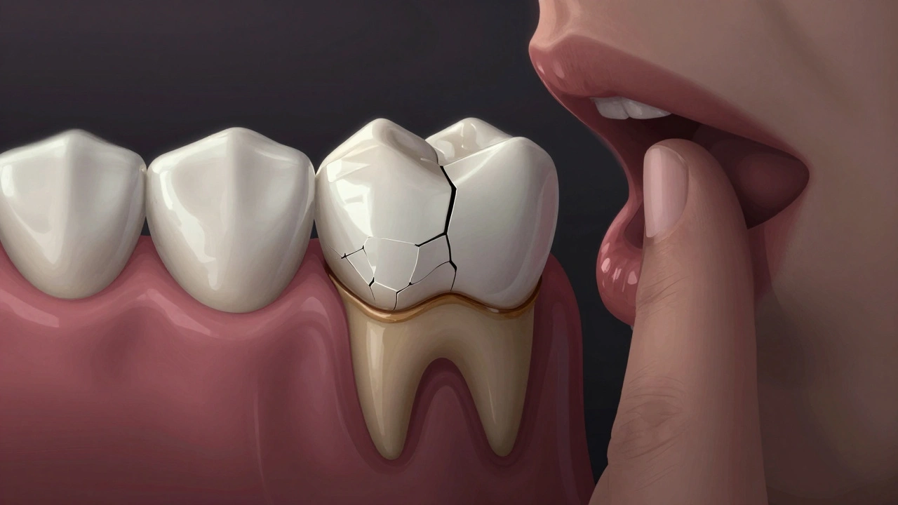 Poškozený veneer s tmavou linii u dásně a prasklinou, známka špatné instalace.