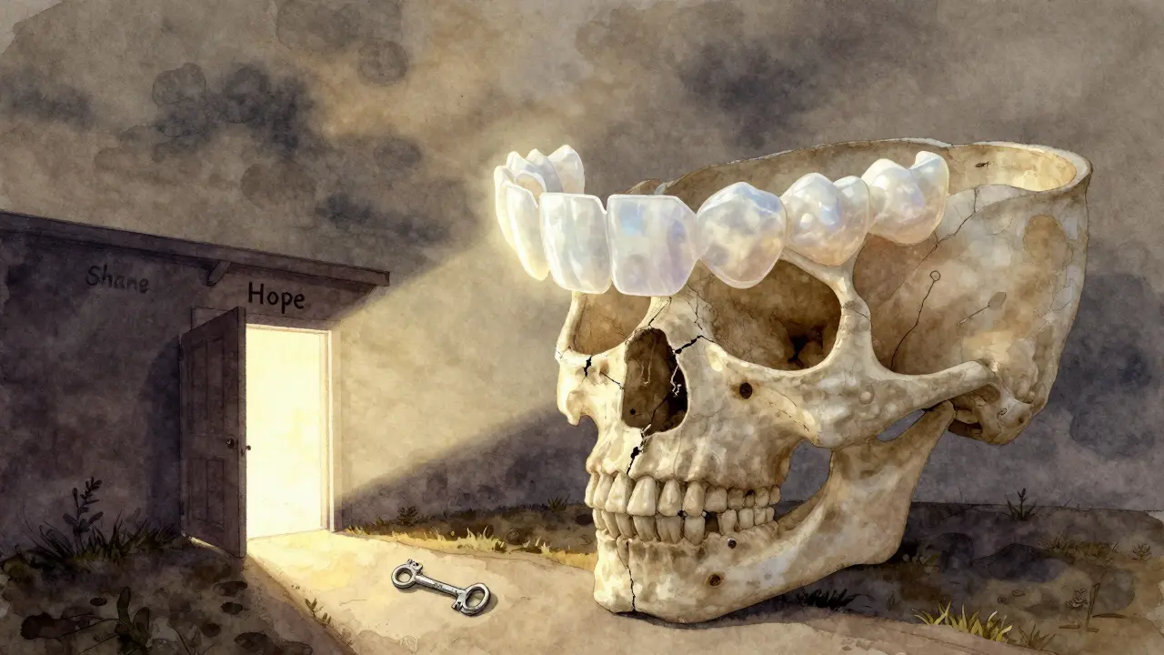 Představivá vodová barva ukazující přilepené zuby nad poškozenou čelistí, symbolizující přechod od stydu k naději.