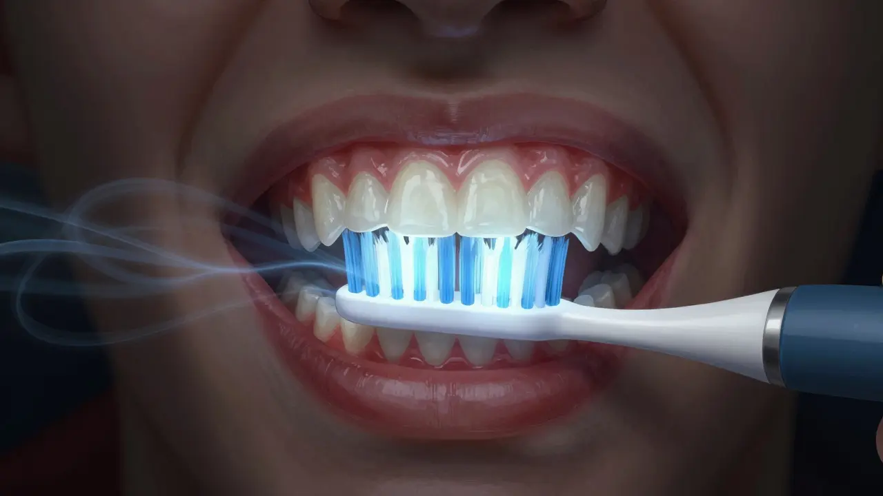 Přehled zdravých a nemocných dásní při používání elektrického zubního kartáčku.