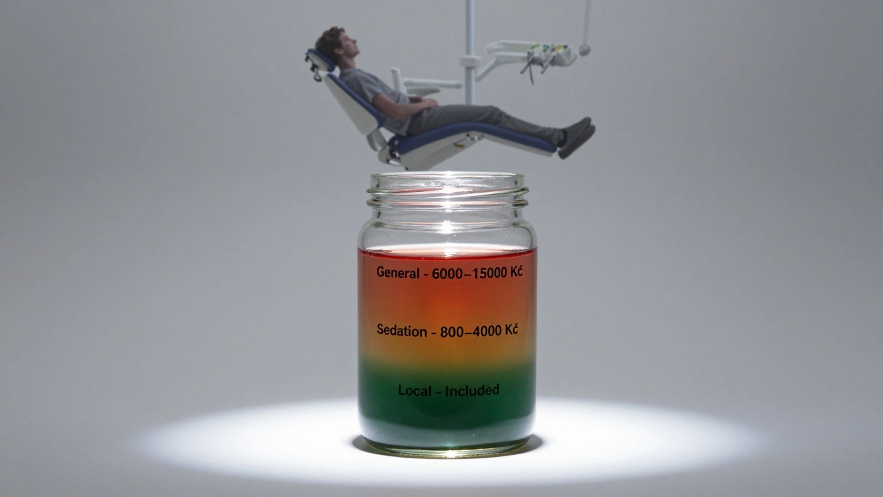 Průhledná nádoba s vrstvami barev znázorňujícími náklady na různé typy anestezie.