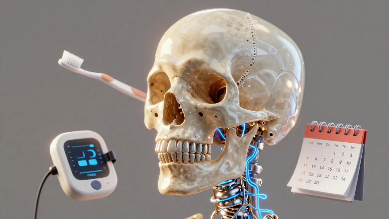 Průhledný lebka s titanovými implantáty a osvětlenými cestami dýchací cesty a správného sevření zubů.