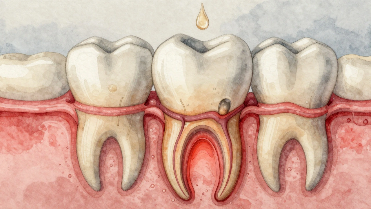 Průřez zubem ukazující postup kazu od skloviny po pulpu.