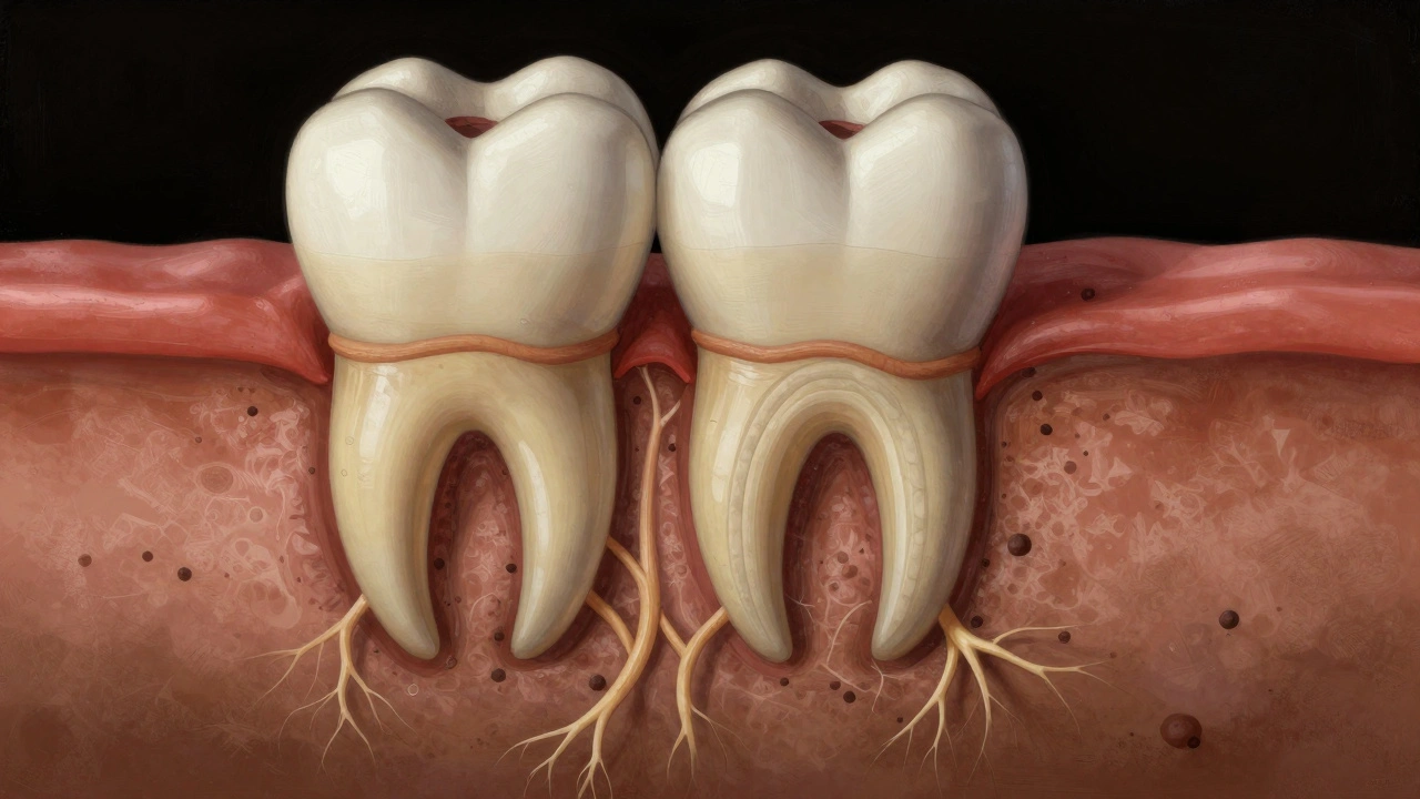 Průřez zubu bez nervu, ale s růstem kostní tkáně kolem plnění gutaperkou.