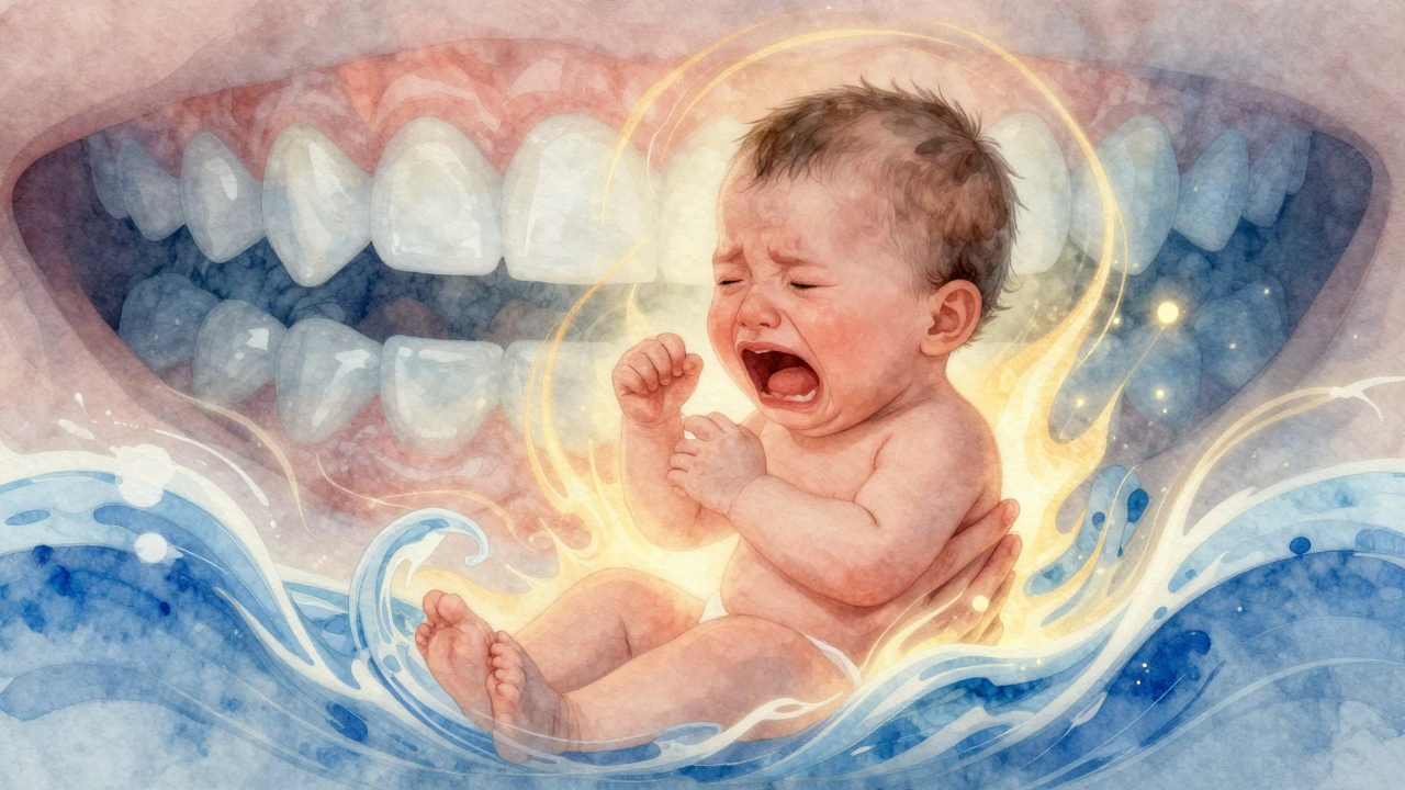 Rodičovy ruce objímají pláčící dítě, symbolické vlny klidu a lásky.