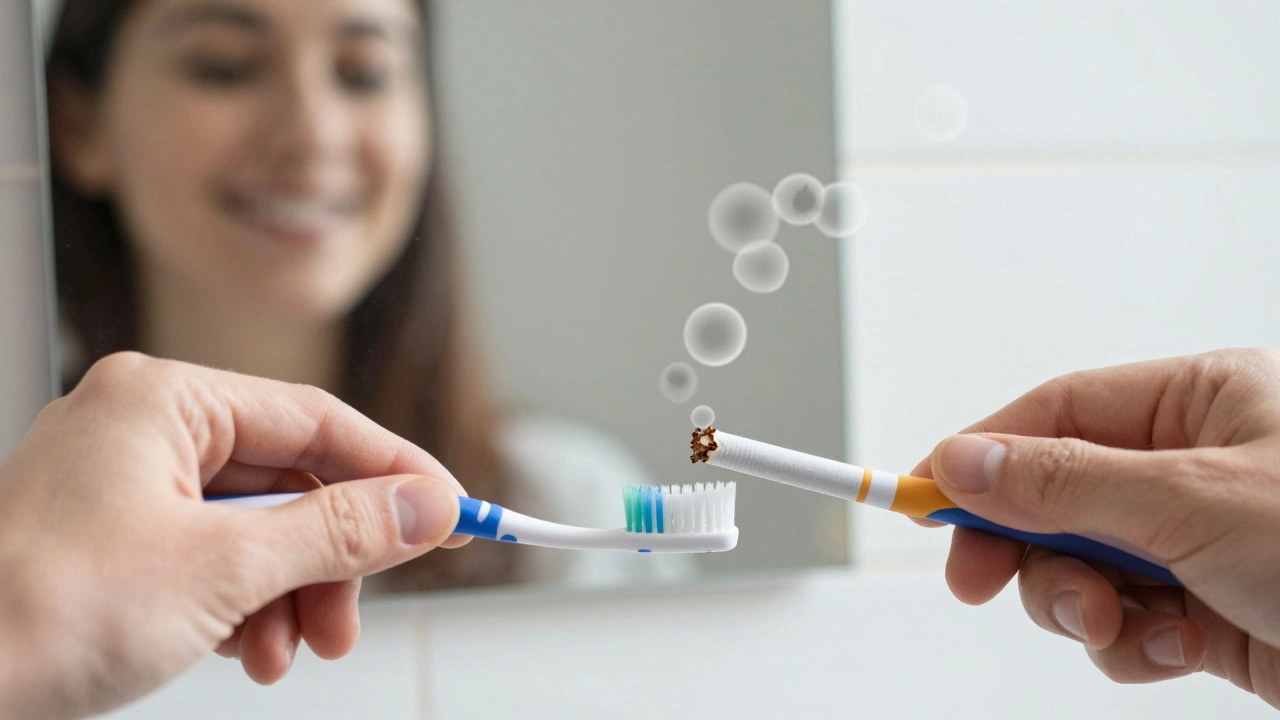 Ruka drží zubní kartáček, zrcadlo odrazuje světlý úsměv, nikotin se rozpouští ve vzduchu.