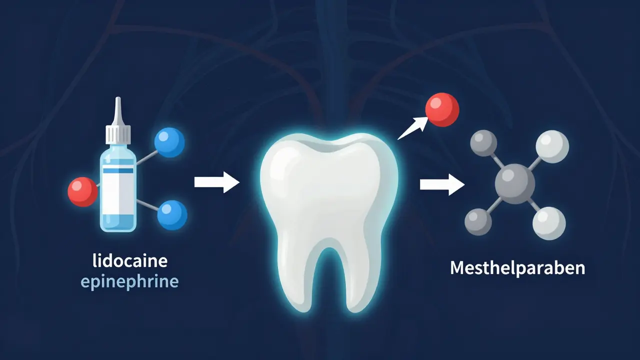 Schematic illustration of anesthetic components affecting a tooth and nerve.