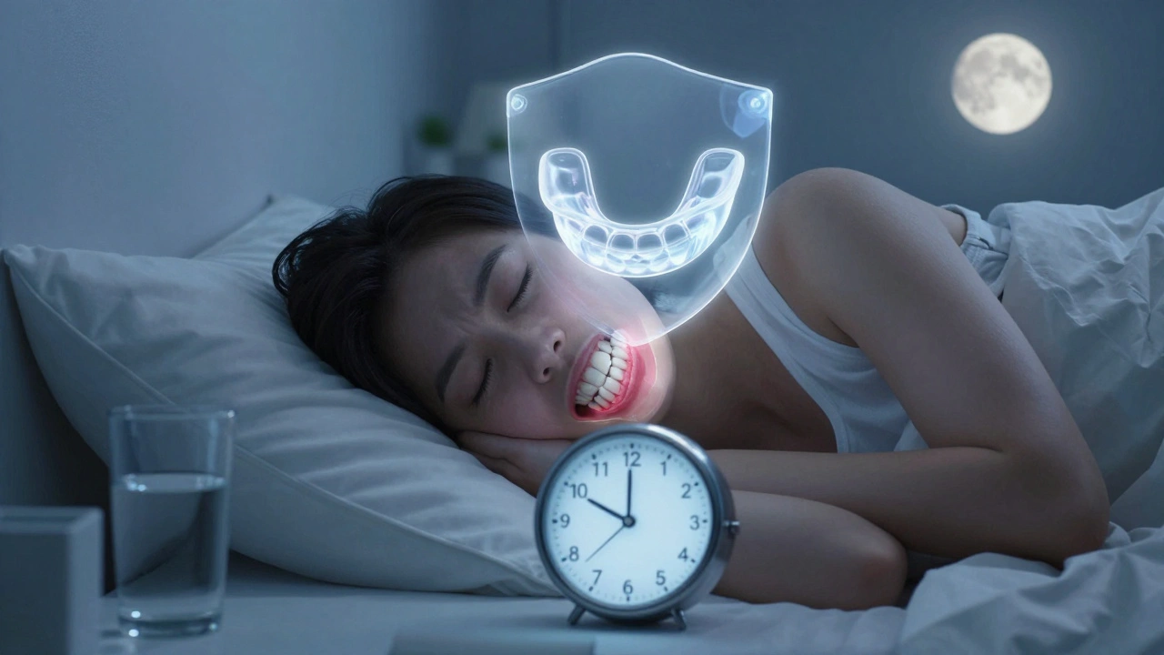 Spící osoba s ochrannou noční destičkou a značkami bruxismu.