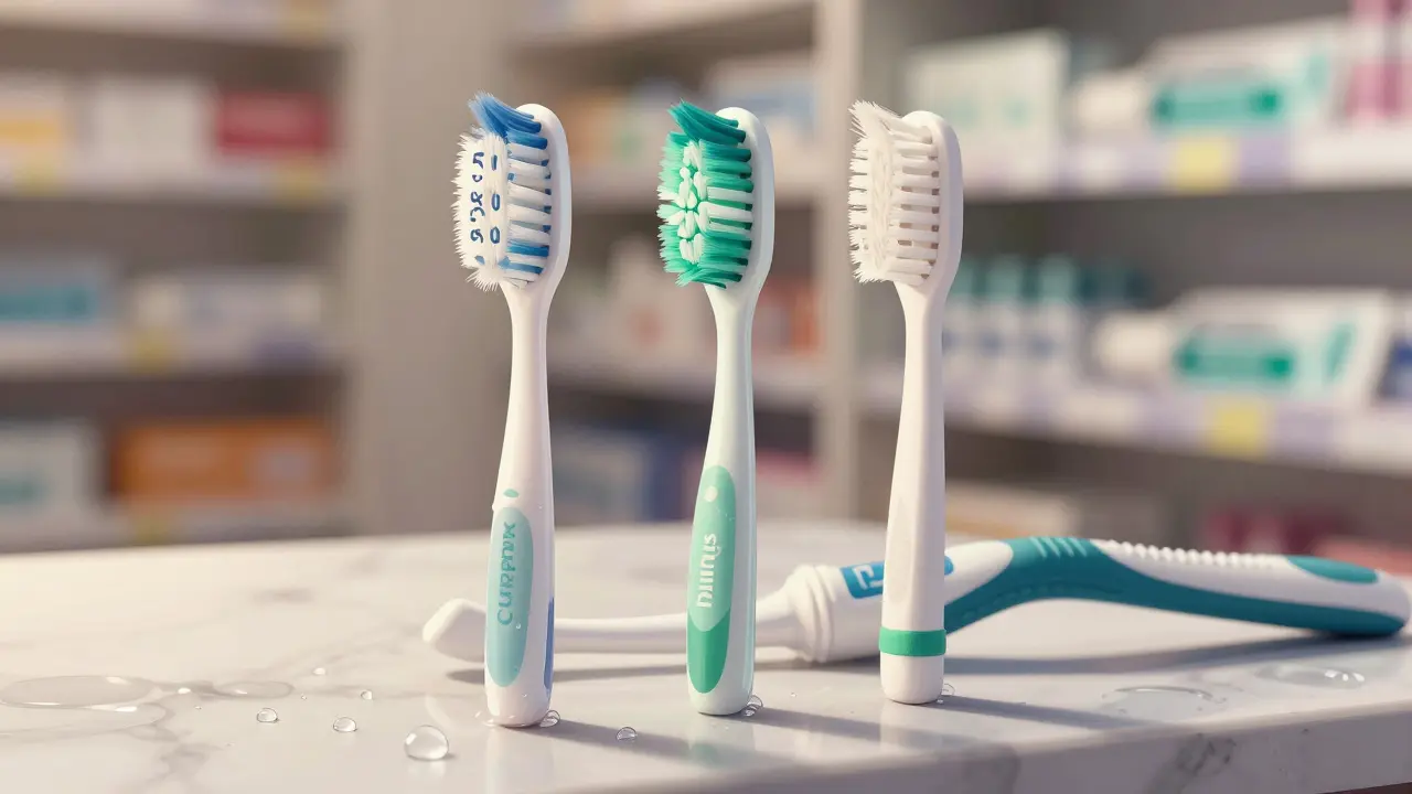 Srovnání tří druhů štětců: Curaprox s hustými vlákny, Philips a levný štětec s poškozenými vlákny.