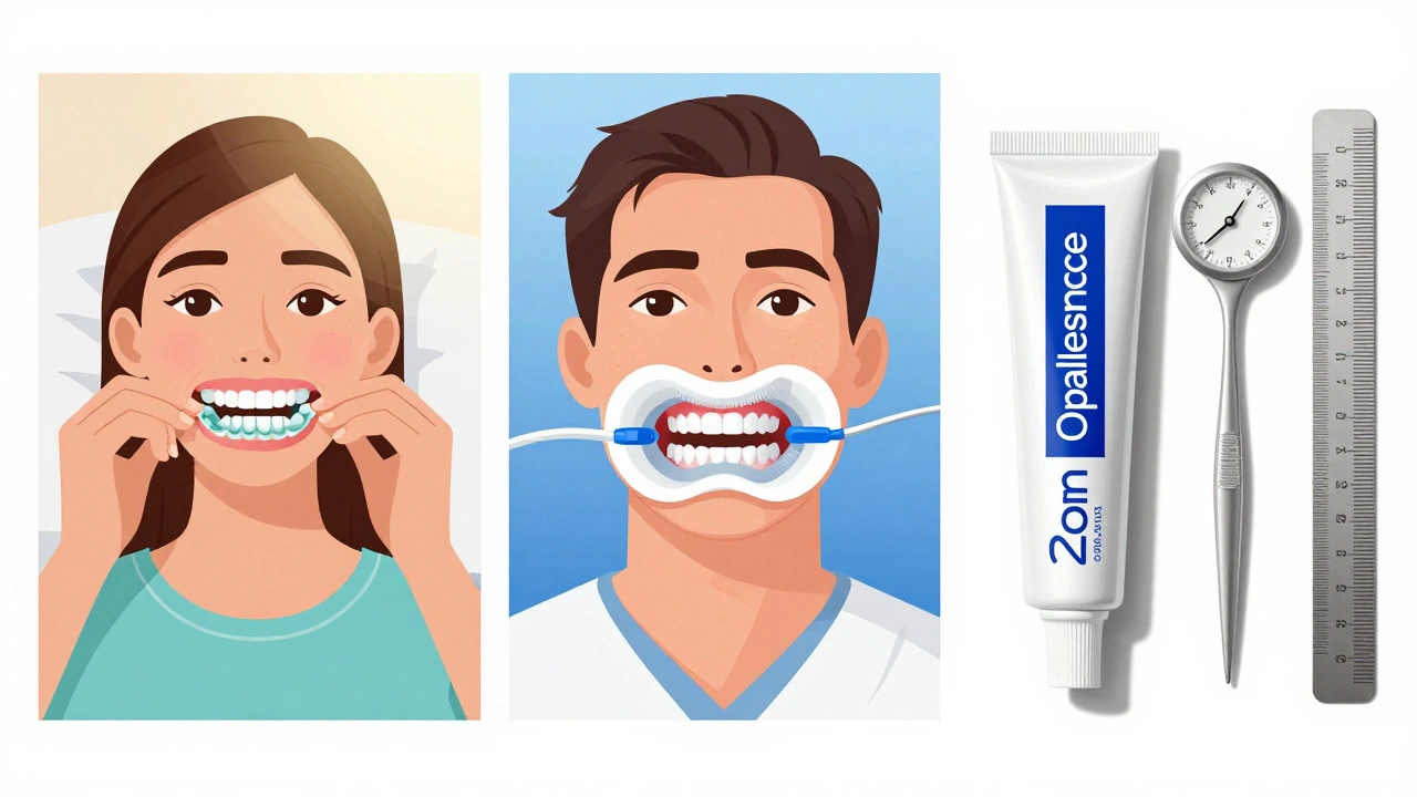 Three methods of teeth whitening: at-home trays, in-office treatment, and professional gel products.