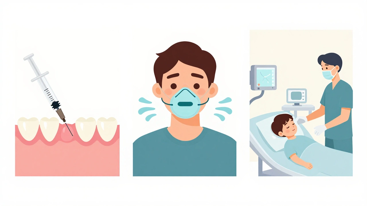 Tři typy zubní anestezie: lokální injekce, oxid dusný a obecná anestezie u dítěte.