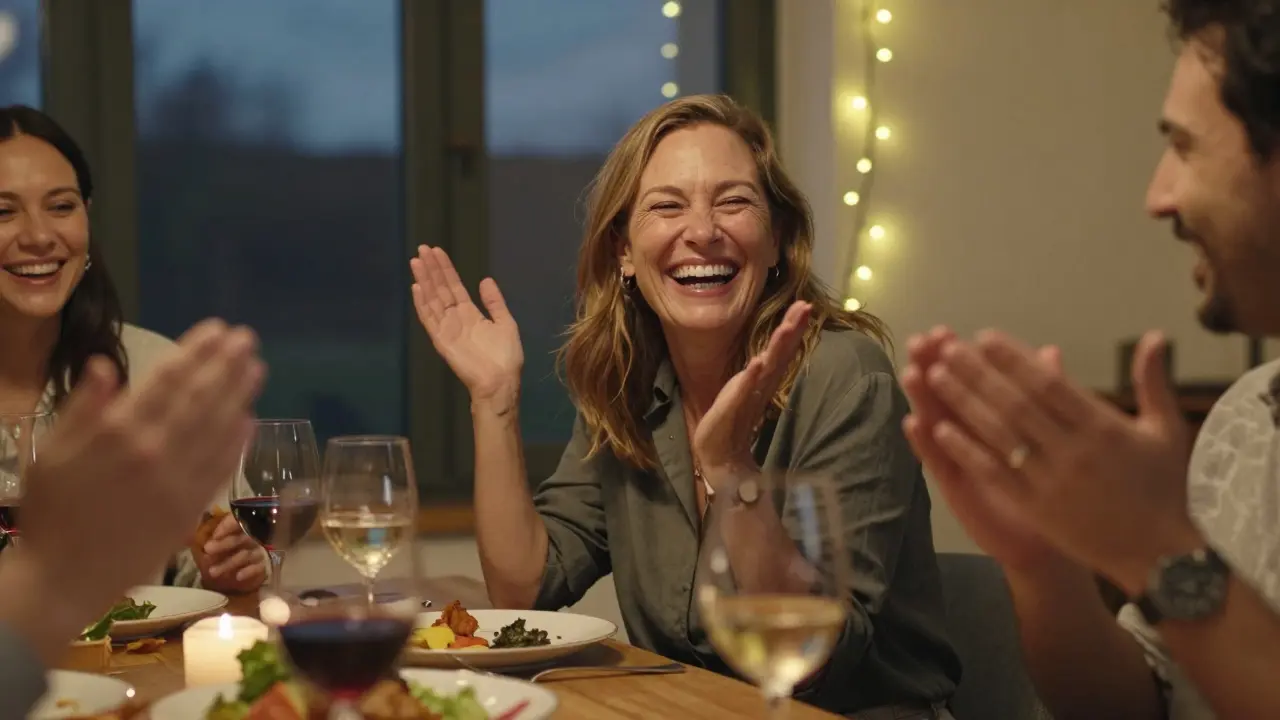 Žena se směje na večírku s přáteli, její úsměv je volný a pravděpodobně díky nalepovacím zubům.