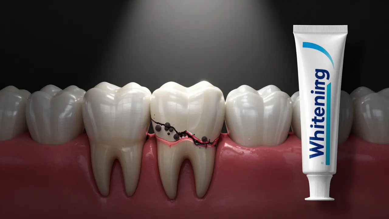 Zub s poškozenou sklovinkou a bakteriemi pod zubním kamenem, vedle něj bělící zubní pasta jako symbol neúčinného řešení.