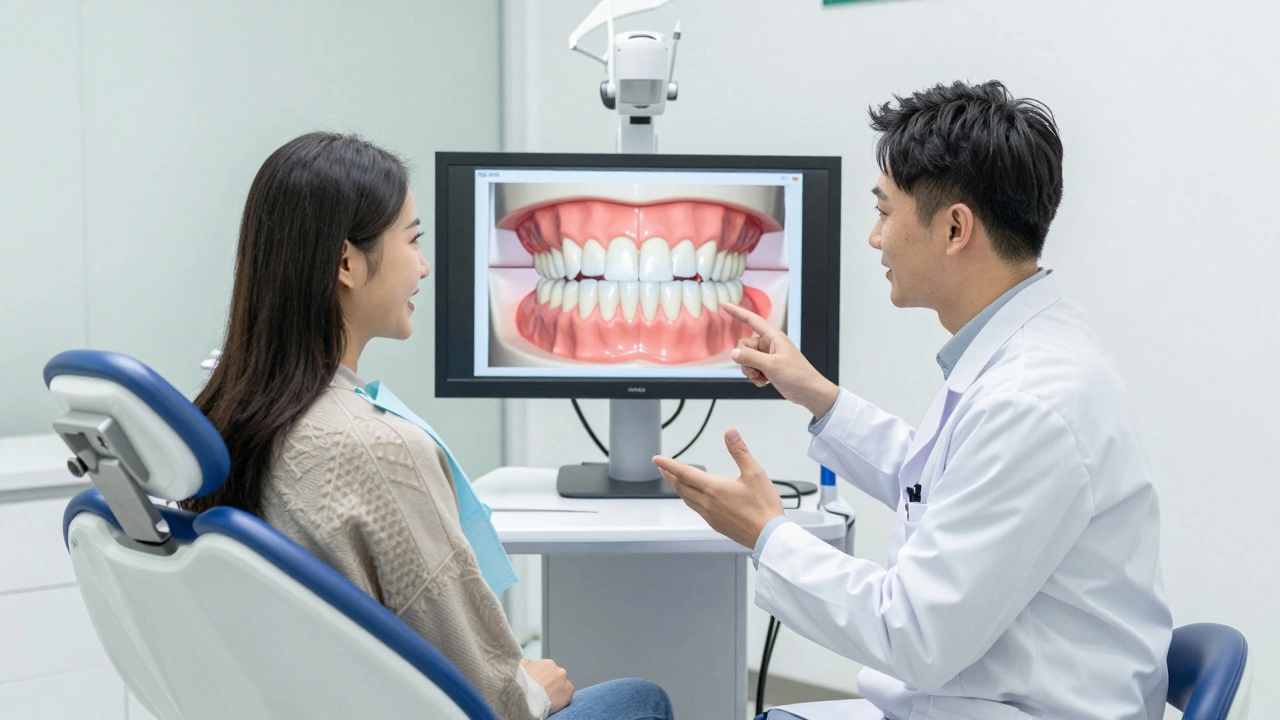 Zubař a pacient společně sledují na obrazovce 3D model ústní dutiny při klidné konzultaci.