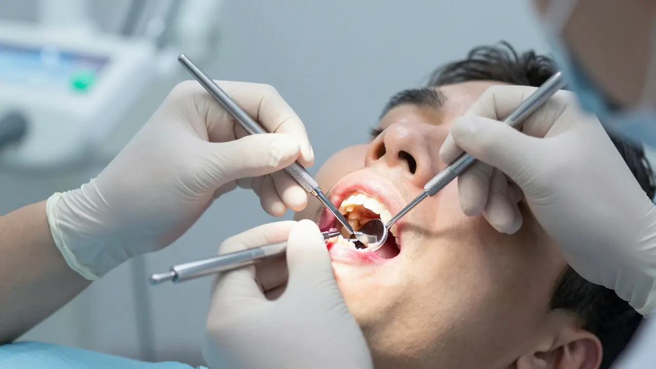 Zubní lékař odstraňuje zubní kámen pod dásněmi pomocí skalpelu, pacient je klidný, viditelné zubní nástroje.