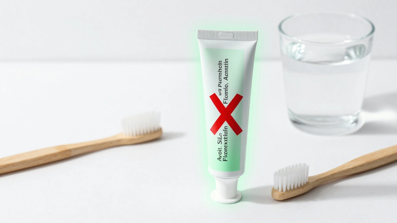 Zubní pasta s červeným křížem vedle doporučené pasty s hojivými látkami, na klidném pozadí.