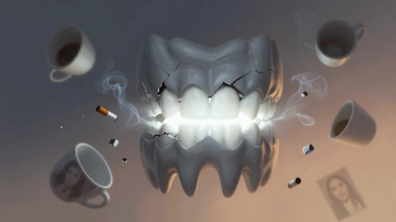 Zuby se mění ze šedé na bělající se, káva a cigaretový kouř se rozptylují.