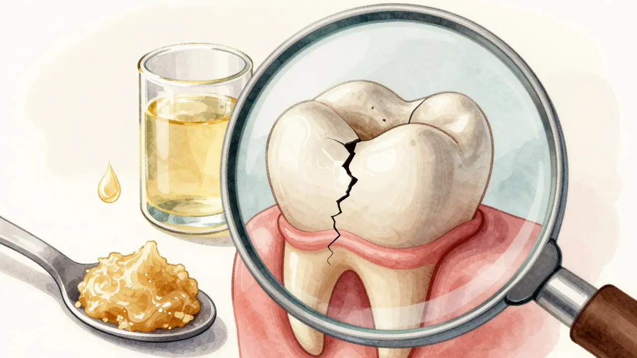 Zvětšený pohled na prasklý zub s přirozenými léky: česnek, tejčka a sůl.