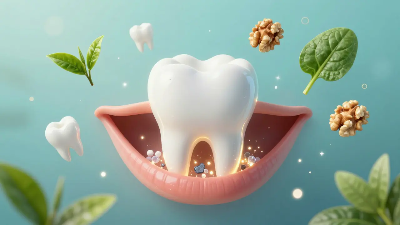 Abstraktní znázornění minerálů obnovujících sklovinu zubu s potravinami podporujícími zdraví úst.